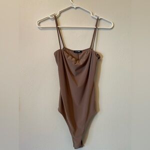 Fashion Nova bodysuit dark taupe tan spandex snap button closure tank sleeveless